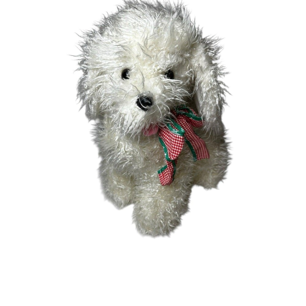 Adorable White Shaggy Dog Plush Toy Red‎ Green Gingham Bow Christmas Holiday